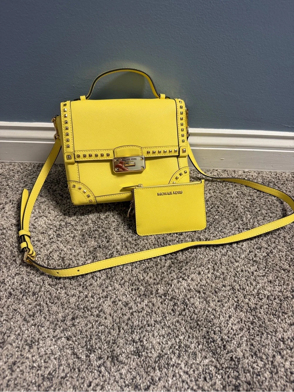 Michael Kors Yellow Studded Leather Satchel with Matching Card Case